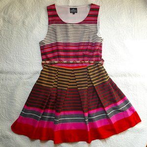 Striped Dress with Pleated Skirt & Fancy Belt
